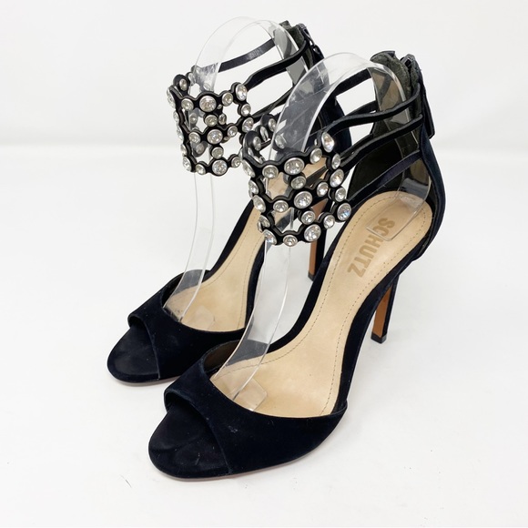 Schutz Size 6B Black Stiletto Heel Sandals with Bejeweled Rhinestone Ankle Strap - Picture 2 of 10